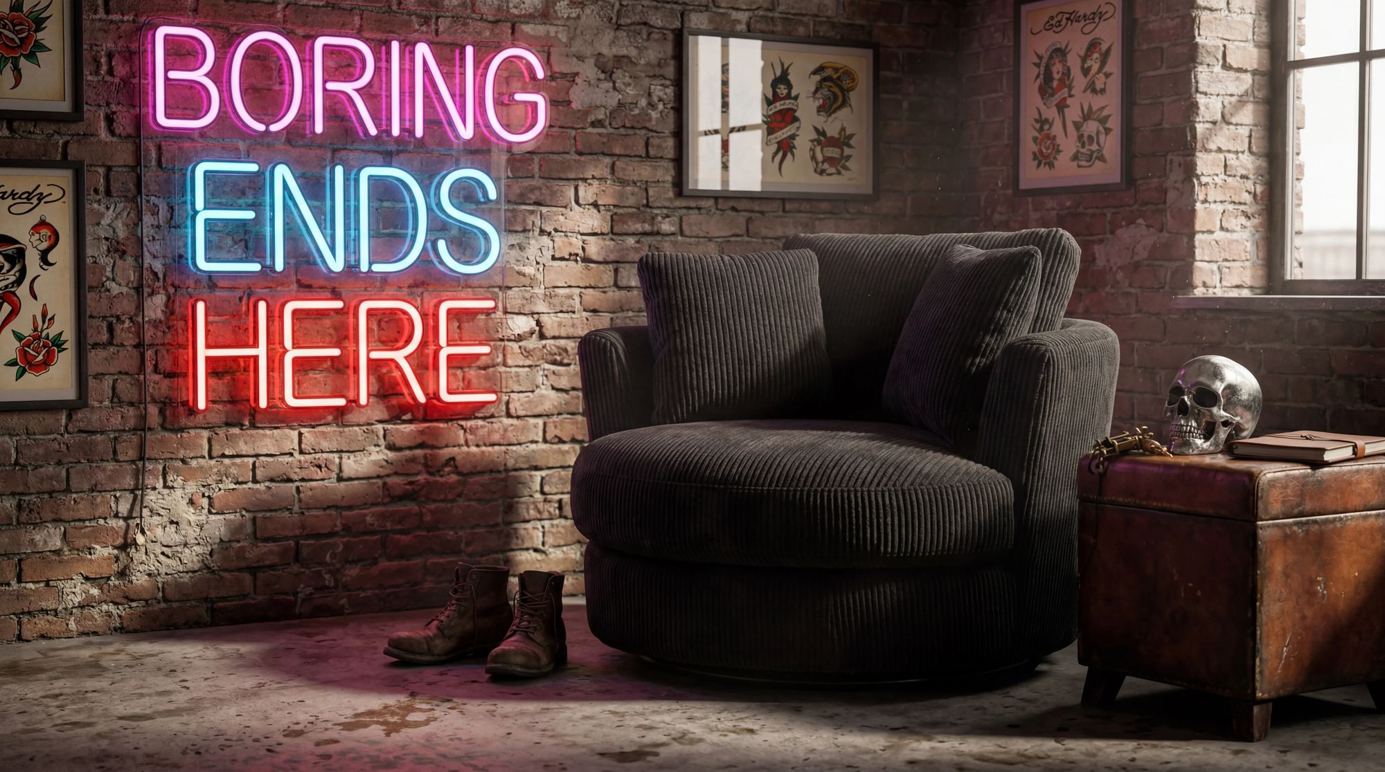 Neon sign reading Boring Ends Here above a black corduroy swivel chair